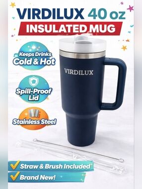 Virdilux 40oz Insulated Stainless Steel Travel Mug w/ Handle Lid Straw Navy Blue